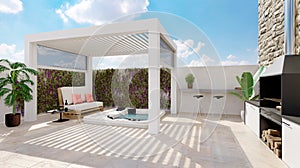 3D render of white outdoor pergola on urban patio with jacuzzi and barbecue