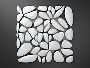 3d render of white pebbles over black background forming square frame. Abstract minimalist image of white stones on