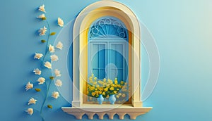 3d render of a window with flowers on a blue background.