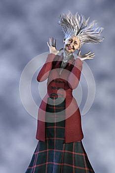 3D render of a witch or fairy godmother character standing with her arms raised in happiness or surprise