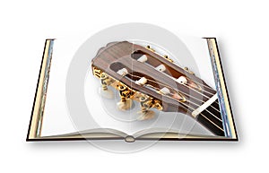3D render of a wooden classic guitar on opened photobook isolate