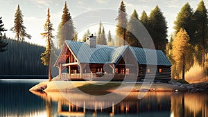 3D render of a wooden house in the woods with a beautiful lake