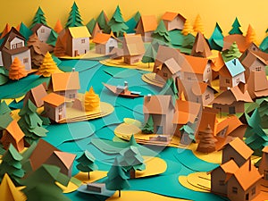 3d render of a wooden toy house surrounded by trees and forest, Ai Generated