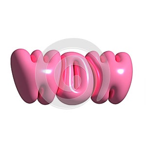 3d render WOW text pink sticker. Realistic bubble gum style design element. Raster illustration isolated on white