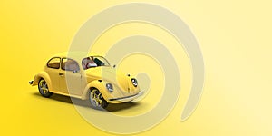 3d render Yellow retro toy car on yellow background. Summer travel concept. Taxi