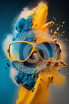 3d render of yellow sunglasses with blue, orange and yellow splashes.