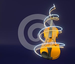 3d render of yellow violin with spiral lights, copy space