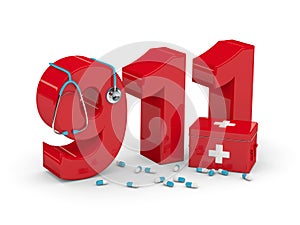 3d rendered 911 number with stethoscope, pills and first aid kit