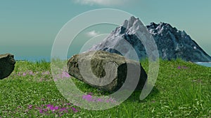 3d rendered animation of meadow with rocks, wildflowers and snow covered mountains in background