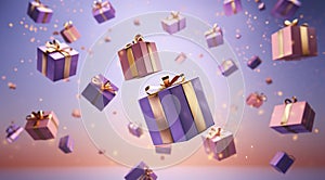 3D rendered Celebrate Festive Purple and Gold Gift Boxes Floating in the Air