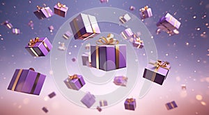 3D rendered Celebrate Festive Purple and Gold Gift Boxes Floating in the Air