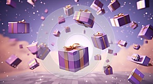 3D rendered Celebrate Festive Purple and Gold Gift Boxes Floating in the Air