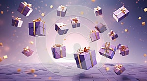 3D rendered Celebrate Festive Purple and Gold Gift Boxes Floating in the Air