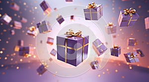 3D rendered Celebrate Festive Purple and Gold Gift Boxes Floating in the Air