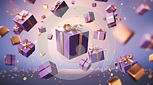 3D rendered Celebrate Festive Purple and Gold Gift Boxes Floating in the Air