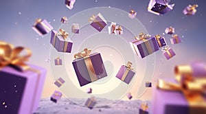 3D rendered Celebrate Festive Purple and Gold Gift Boxes Floating in the Air