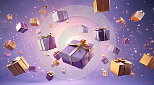 3D rendered Celebrate Festive Purple and Gold Gift Boxes Floating in the Air