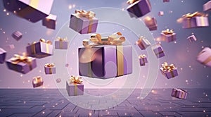 3D rendered Celebrate Festive Purple and Gold Gift Boxes Floating in the Air