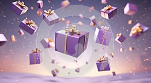 3D rendered Celebrate Festive Purple and Gold Gift Boxes Floating in the Air