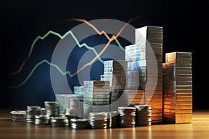 3D rendered chart, money stacks, and finance arrow depict business trajectory