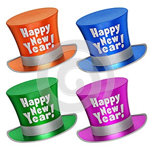 3D rendered collection of colorful Happy New Year top hats