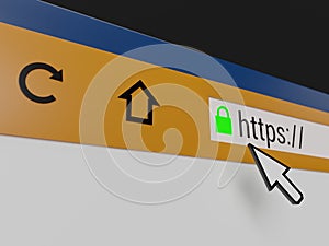 3D rendered concept illustration of a web browser with secure connection enabled