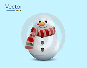 3d rendered cute smiling snowman with red scarf, orange nose, isolated on white background. 3d minimal Christmas snowman