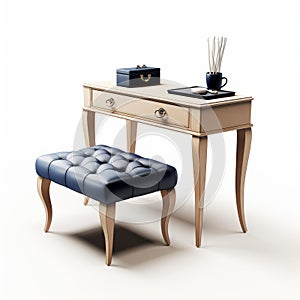 3d Rendered Desk With Beige Ottoman And Navy Background