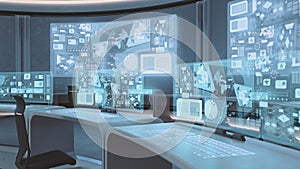 3D rendered empty, modern, futuristic command center interior