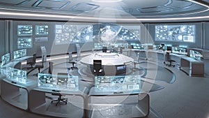 3D rendered empty, modern, futuristic command center interior