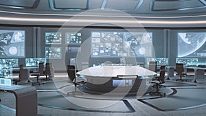 3D rendered empty, modern, futuristic command center interior