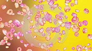 3D rendered Falling donuts on an green screen floating sweet candies Loop Background. 4K