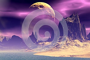 3D rendered fantasy alien planet. Rocks and moon