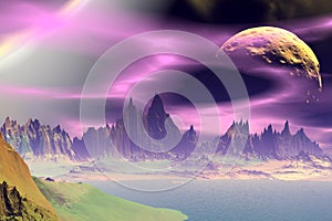 3D rendered fantasy alien planet. Rocks and moon