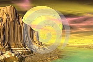 3D rendered fantasy alien planet. Rocks and moon