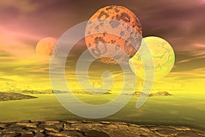 3D rendered fantasy alien planet. Rocks and moon