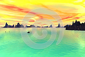 3D rendered fantasy alien planet. Sky and sea