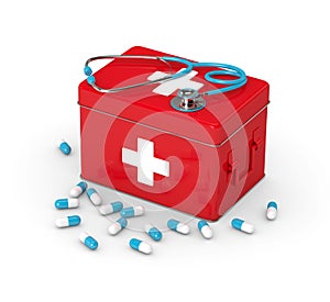 3d rendered first aid kit with pills and stethoscope