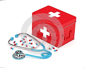 3d rendered first aid kit, stethoscope and pills over white