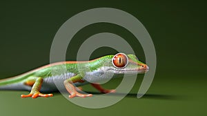 A 3D-rendered gecko with vibrant eyes on a green gradient.