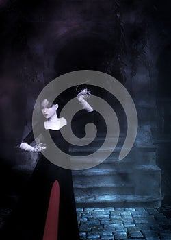 3D Rendered Haunted mansion and ghost woman