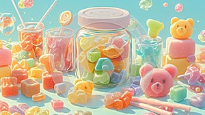 3D rendered hyper-realistic image of a variety of colorful sweets and candies.