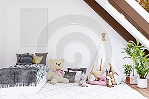 3d rendered illustration of attic kid bedroom.