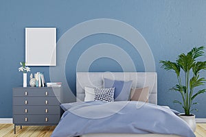 3d rendered illustration of a blue wall bedroom.