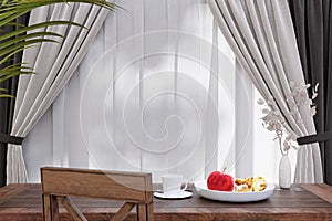 3d rendered illustration of a breakfast serving on a sunlit table by a window