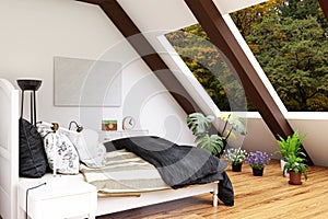 3d rendered illustration of a bright attic bedroom.
