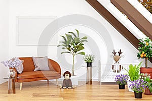 3d rendered illustration of a bright attic child room.