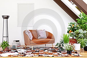 3d rendered illustration of a bright attic living room.