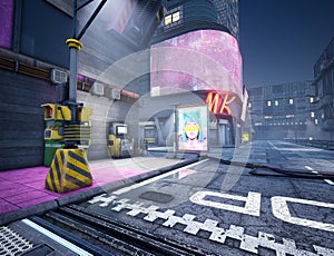 A 3d rendered illustration from a cyberpunk urban scene.