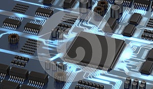 3D rendered illustration of electronical circuit with microchip or processor